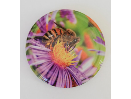 Viečko plechové fialový kvet+včela 82mm